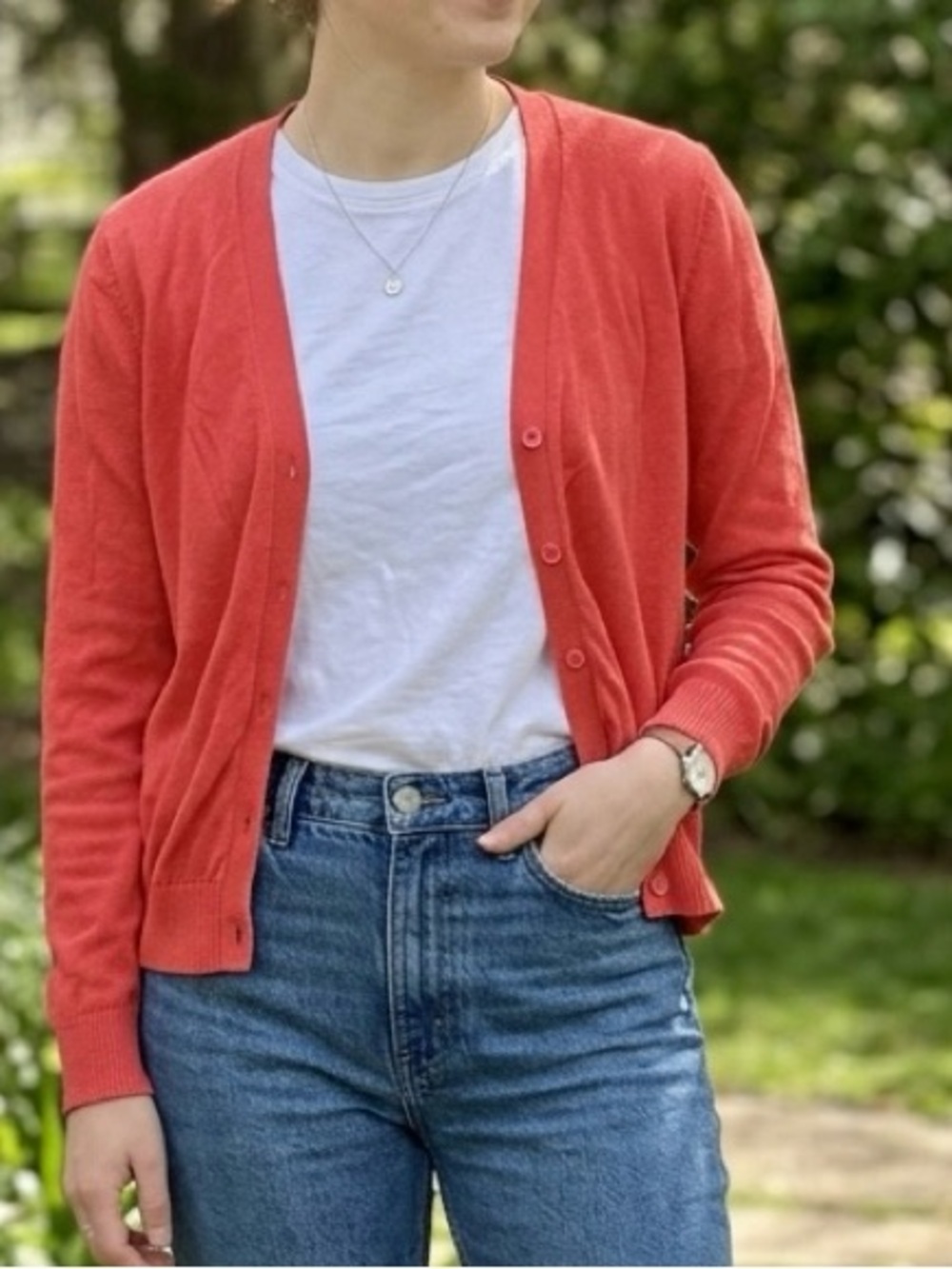 Worthington Coral-Red Button Cardigan
